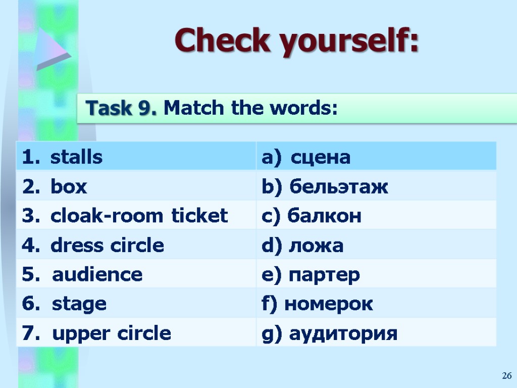 Check yourself: 26 Task 9. Match the words:
